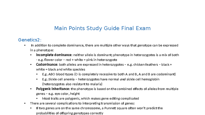Genetics and Cell Biology Final Exam Study Guide (GENETICS2) - Studocu