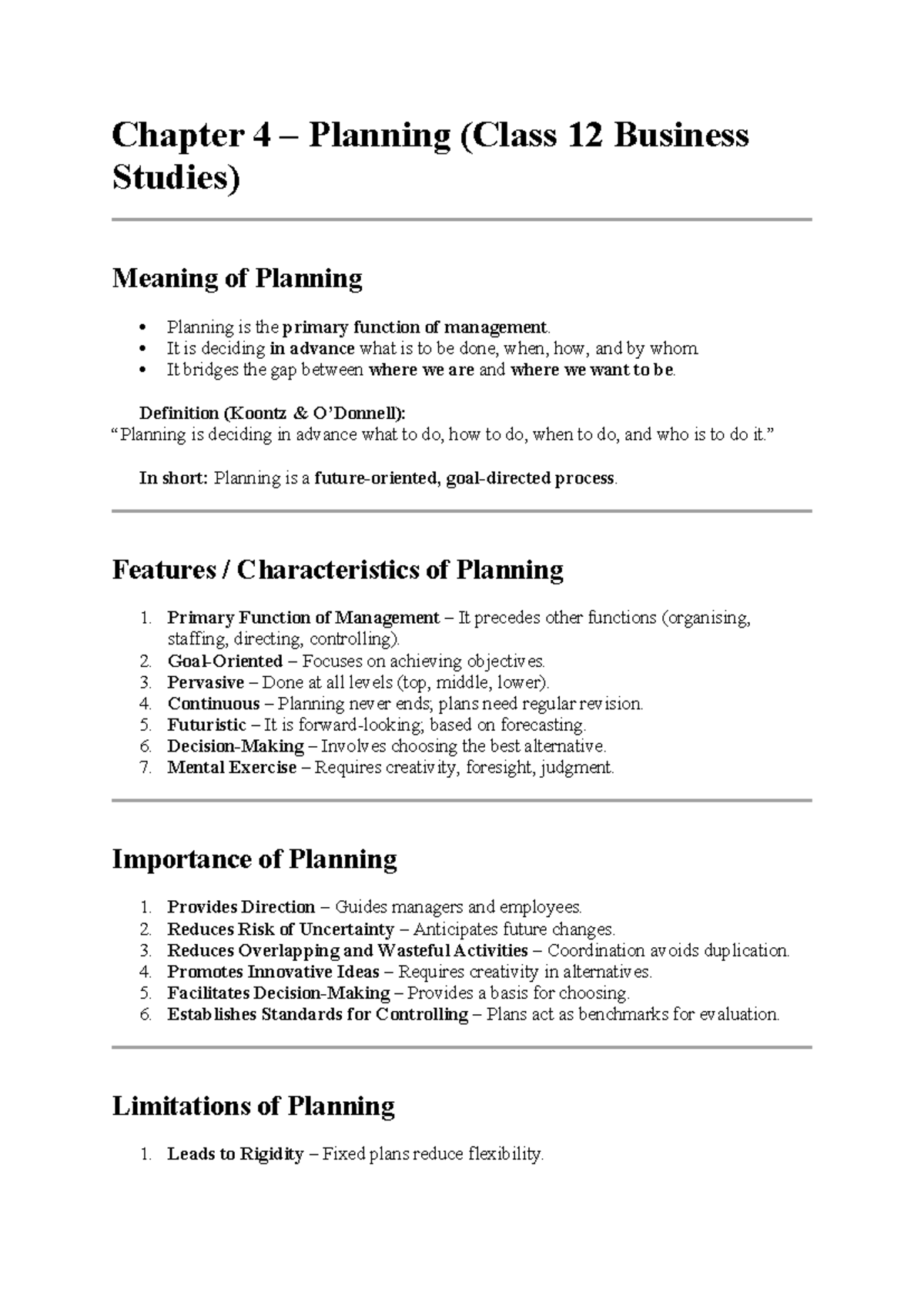 Chapter 4 Planning (Class 12 Business Studies) Overview and Importance ...
