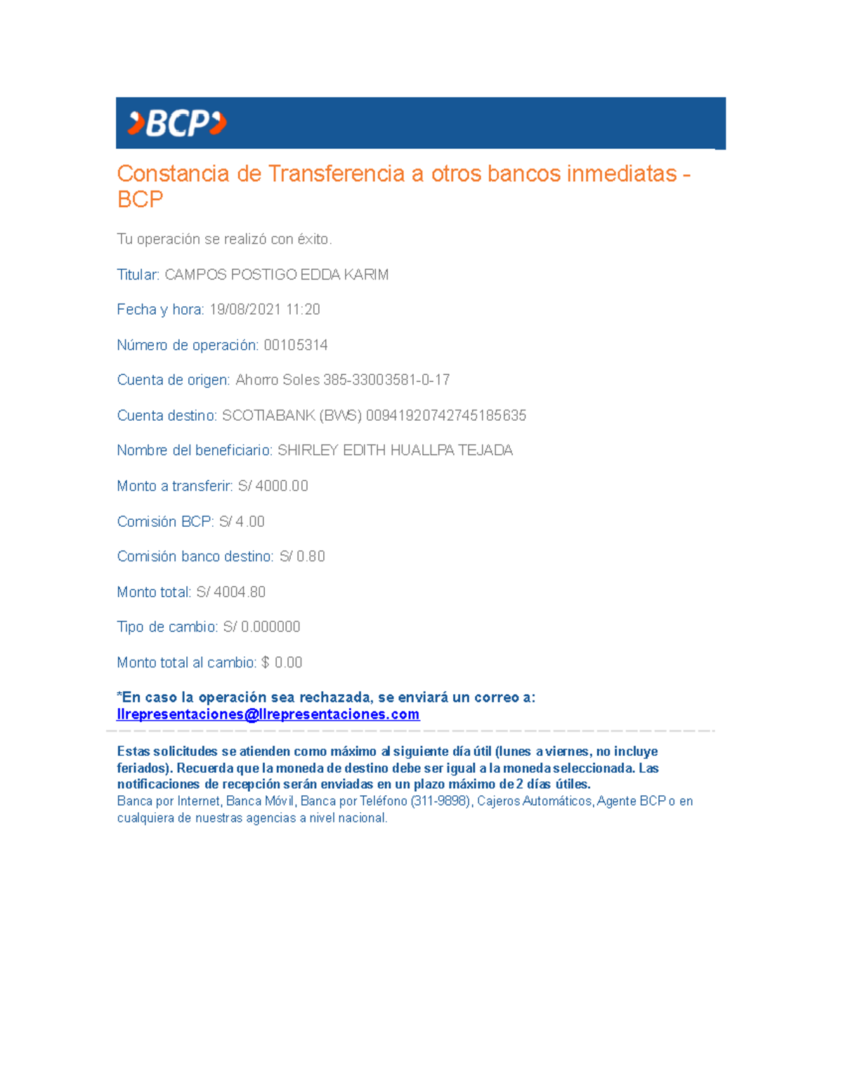 BCP - Constancia de Transferencia Inmediata a Otros Bancos - Document Preview