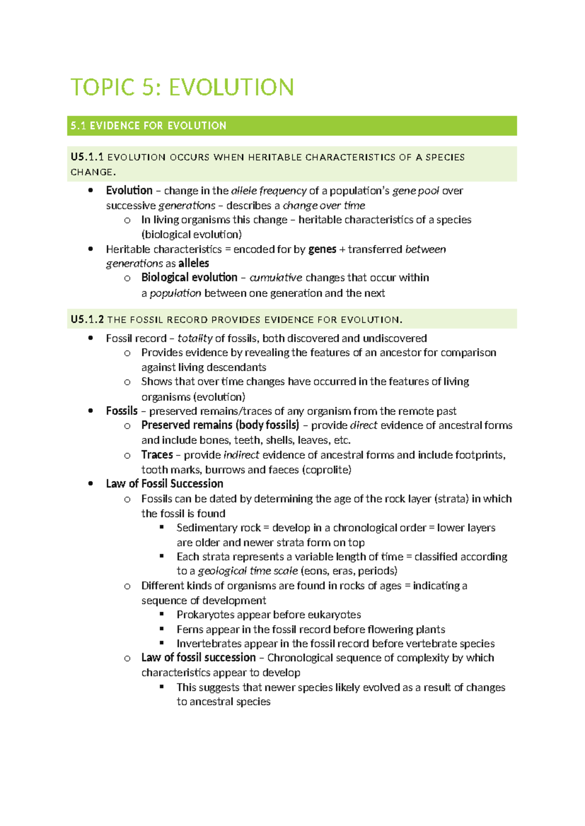 Topic 5 - TOPIC 5: EVOLUTION 5 EVIDENCE FOR EVOLUTION U5.1 EVOLUTION ...