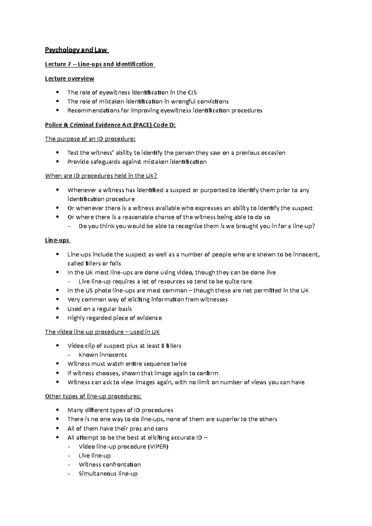 Lecture 7: Line-Ups & Identification in Psychology and Law - Studocu