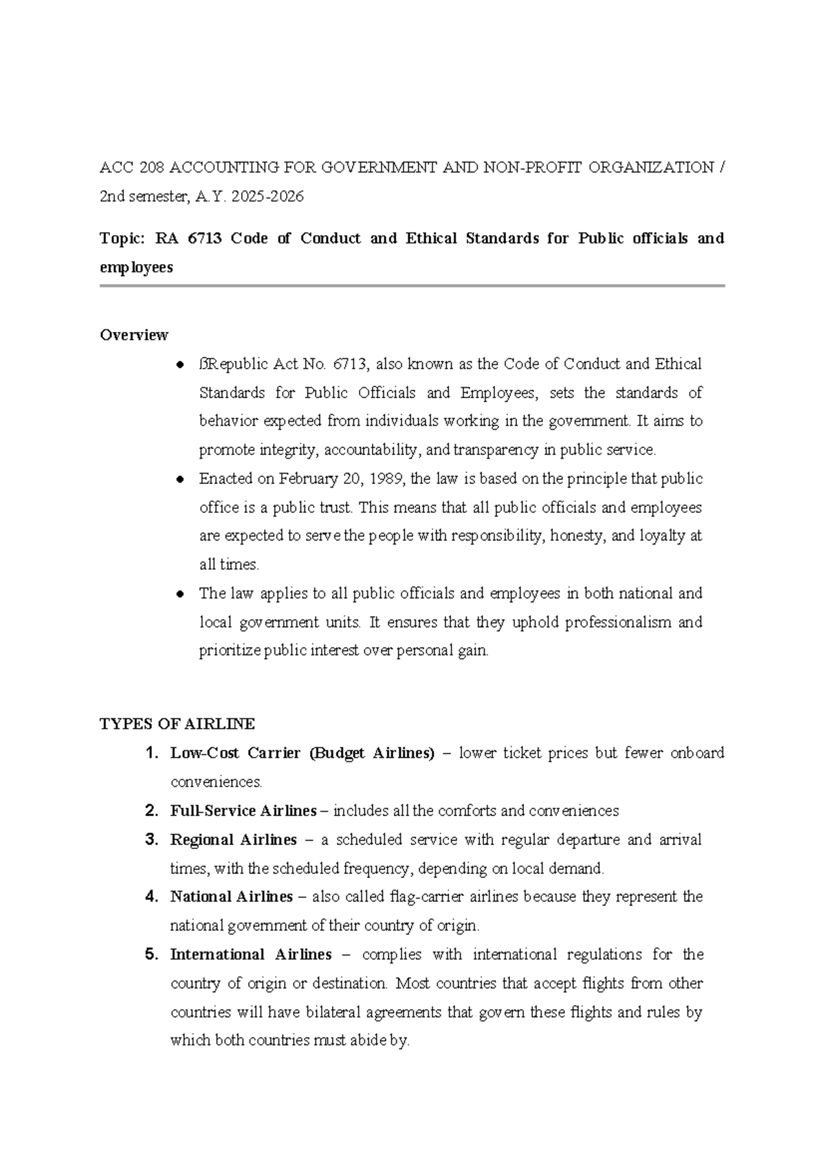ACC 208 Final Exam: RA 6713 Code of Conduct Overview - Studocu