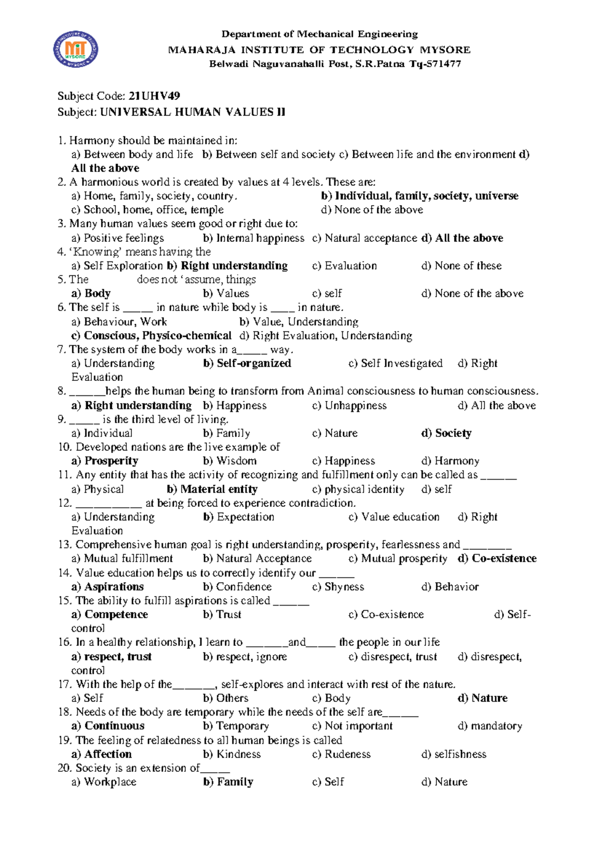 UHV II Final Exam Important Questions and Answers - Studocu