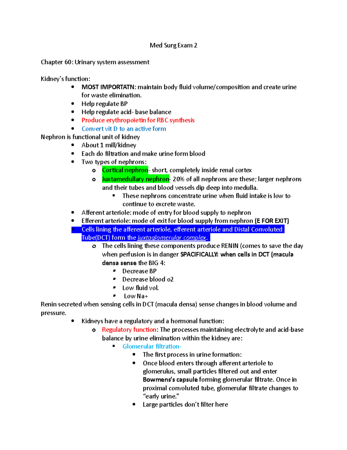 Med Surg Exam 2: Key Concepts on the Renal System - Studocu