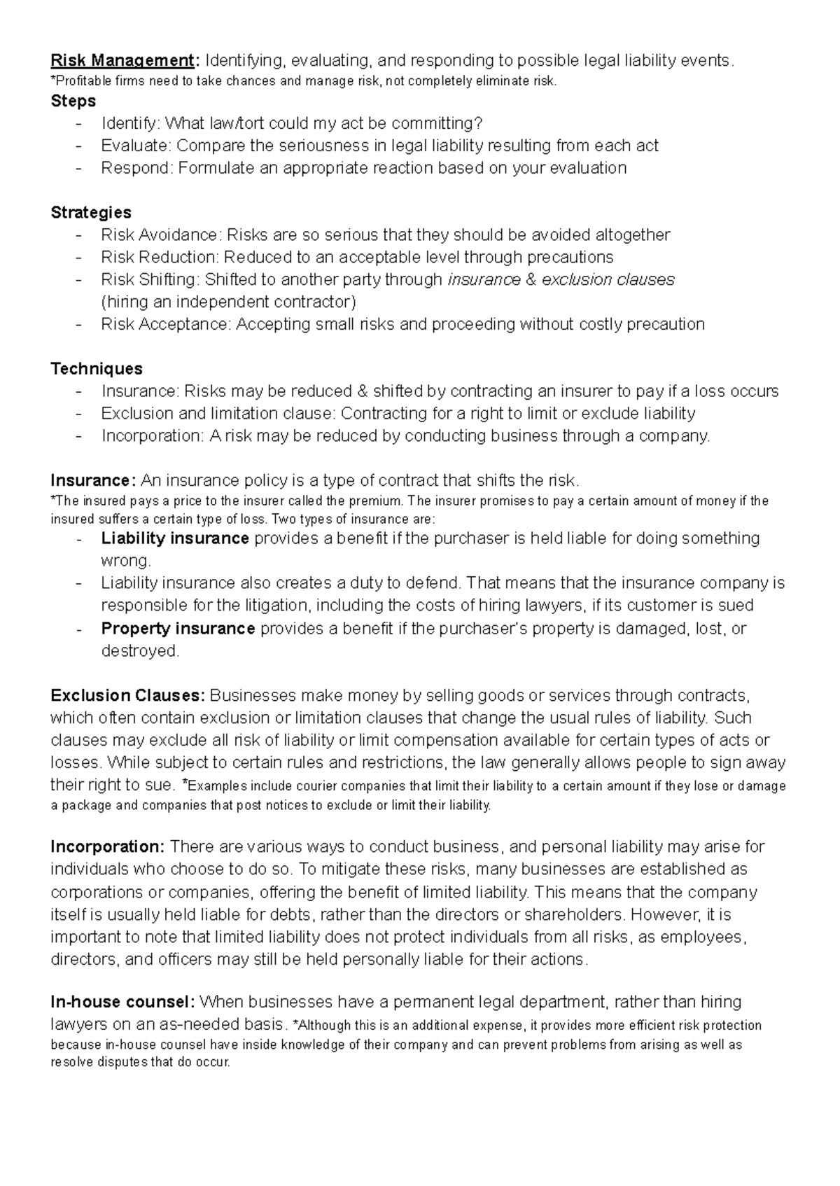 Law Ch - LAW122 Final Exam Notes on Risk Management and Legal Liability ...