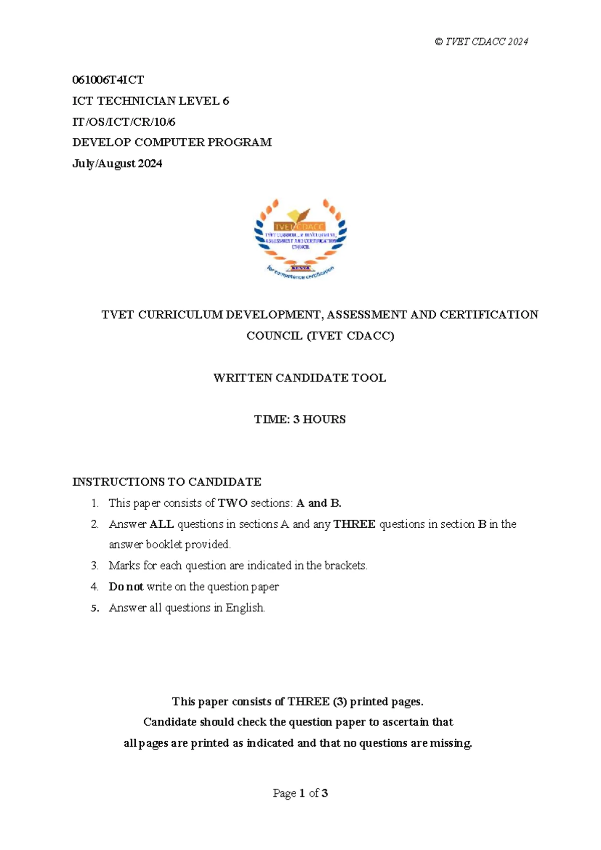 Written Assessment (12) - TVET CDACC Occupational Safety Exam - Studocu