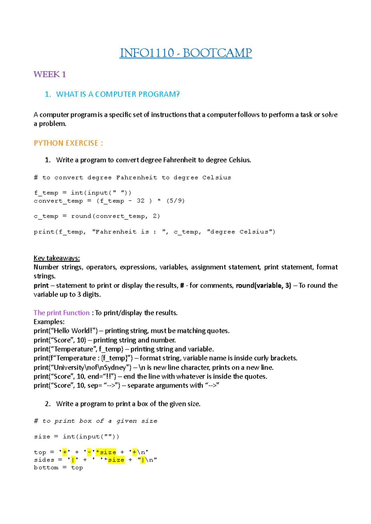 INFO1110 Bootcamp Notes: Week 1 - Intro to Python & Programming - Studocu