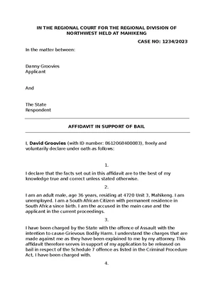 Affidavit for Bail Application - Case No: 1234/ in Mahikeng - Studocu