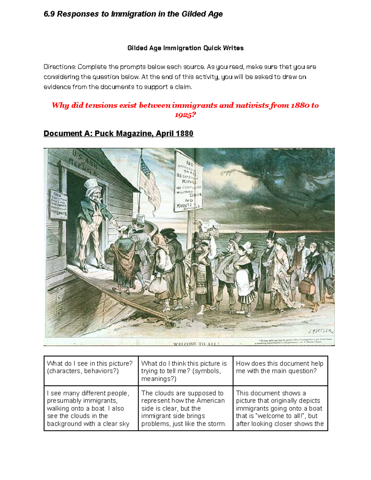 6.9 Gilded Age Immigration Tensions: Quick Writes Analysis - Studocu
