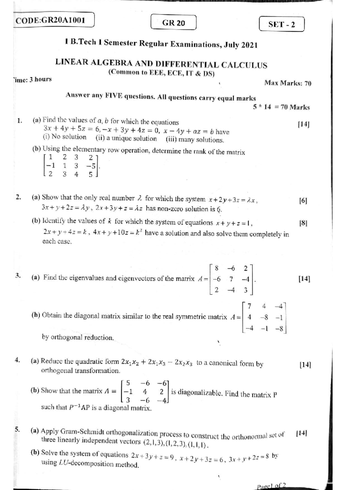 CODE: GR20A1001 Linear Algebra & Differential Calculus Exam Set 2 - Studocu