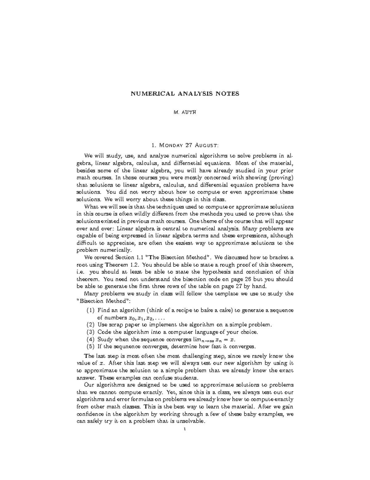 328 Final Exam Numerical Analysis Lecture Notes: Key Concepts and ...