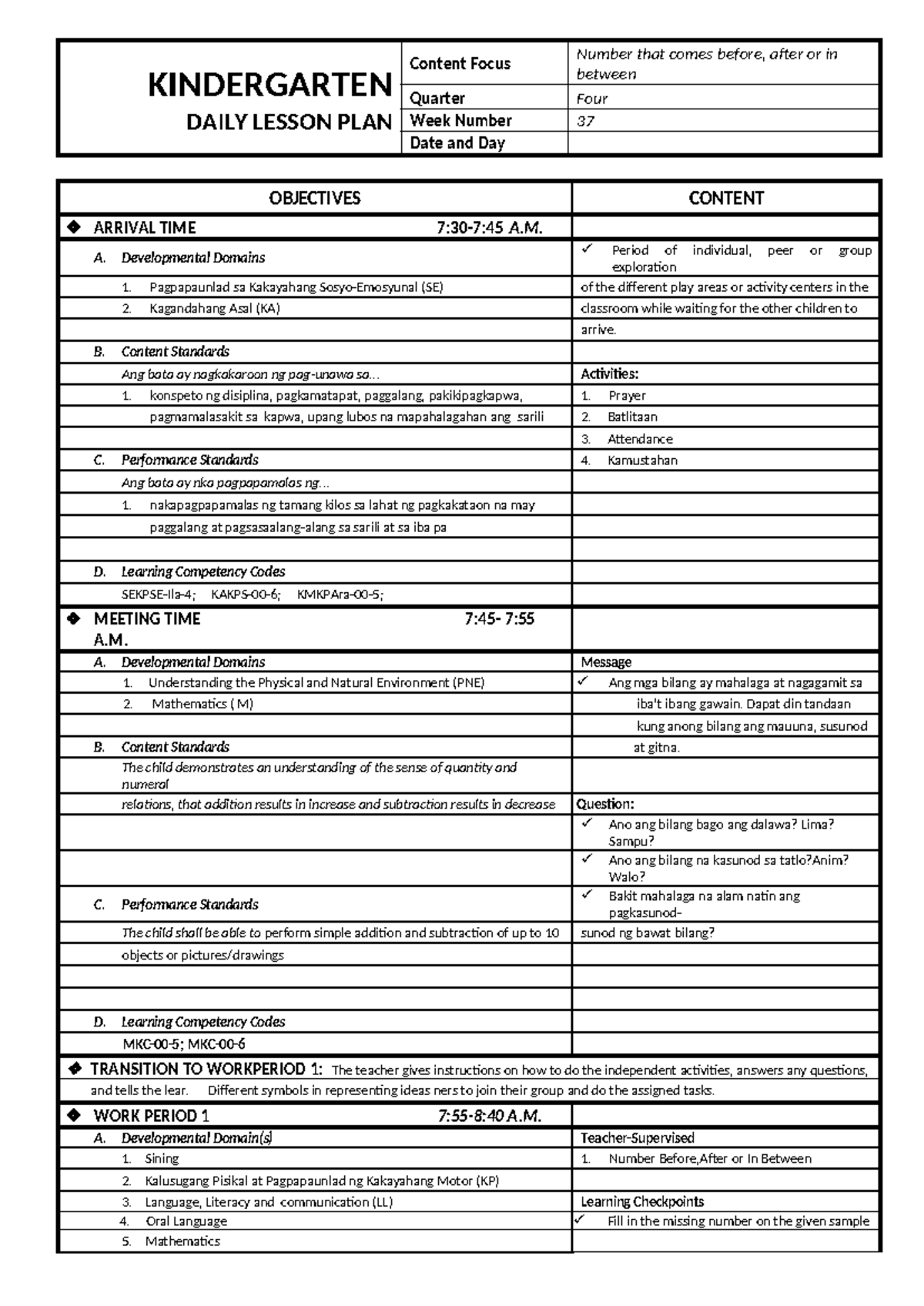 KINDERGARTEN Lesson Plan: Numbers Before, After, and In Between - Studocu