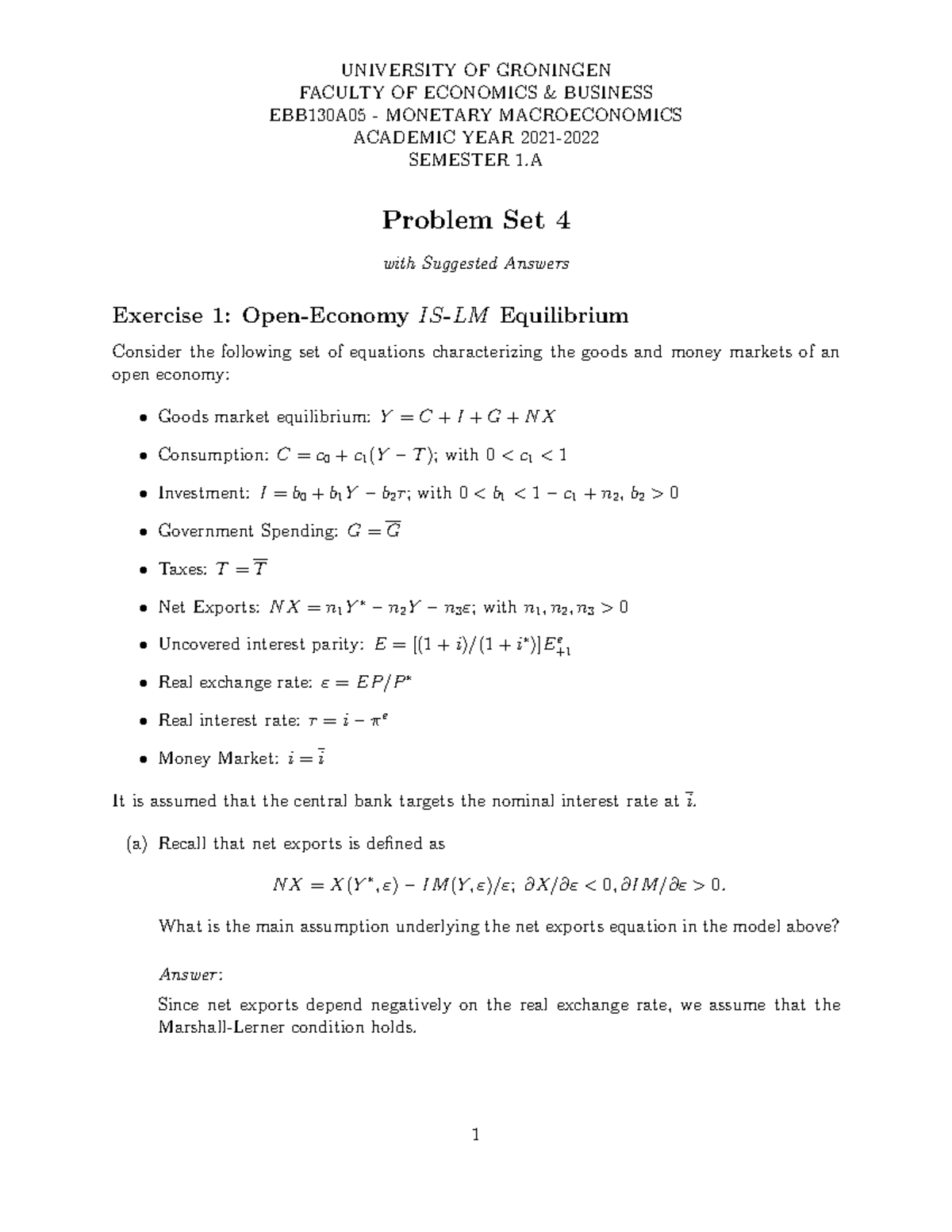 EBB130A05 - Monetary Macroeconomics Tutorial 3 Solutions and Analysis ...