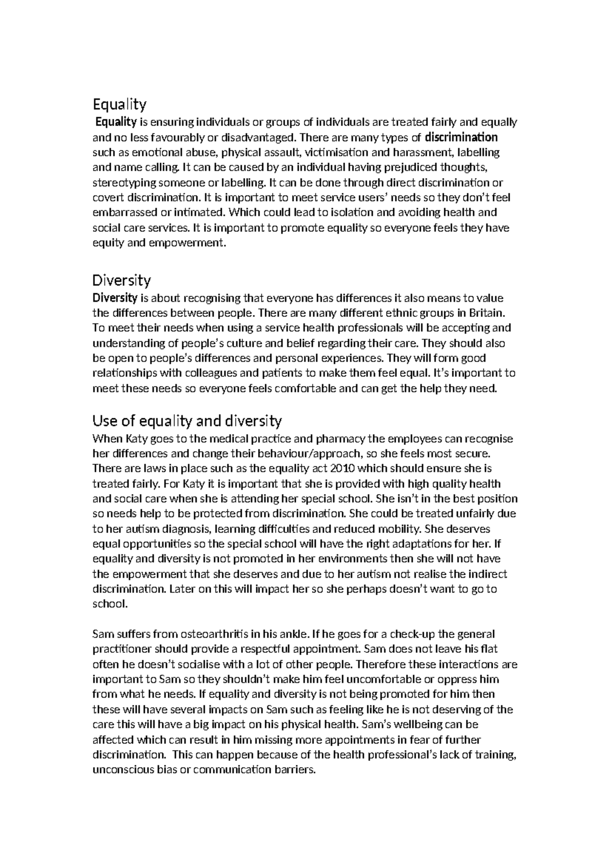 Task one coursework - Equality Equality is ensuring individuals or ...