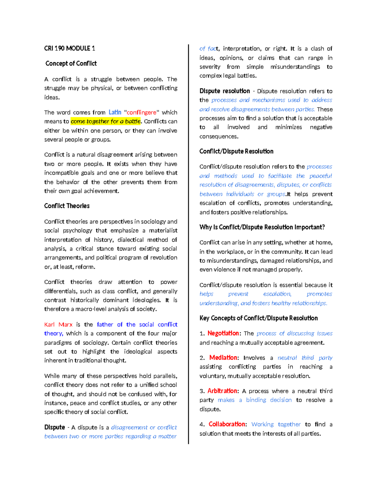 CRI 190 MODULE 1-5 Lecture Notes on Conflict and Resolution - Studocu