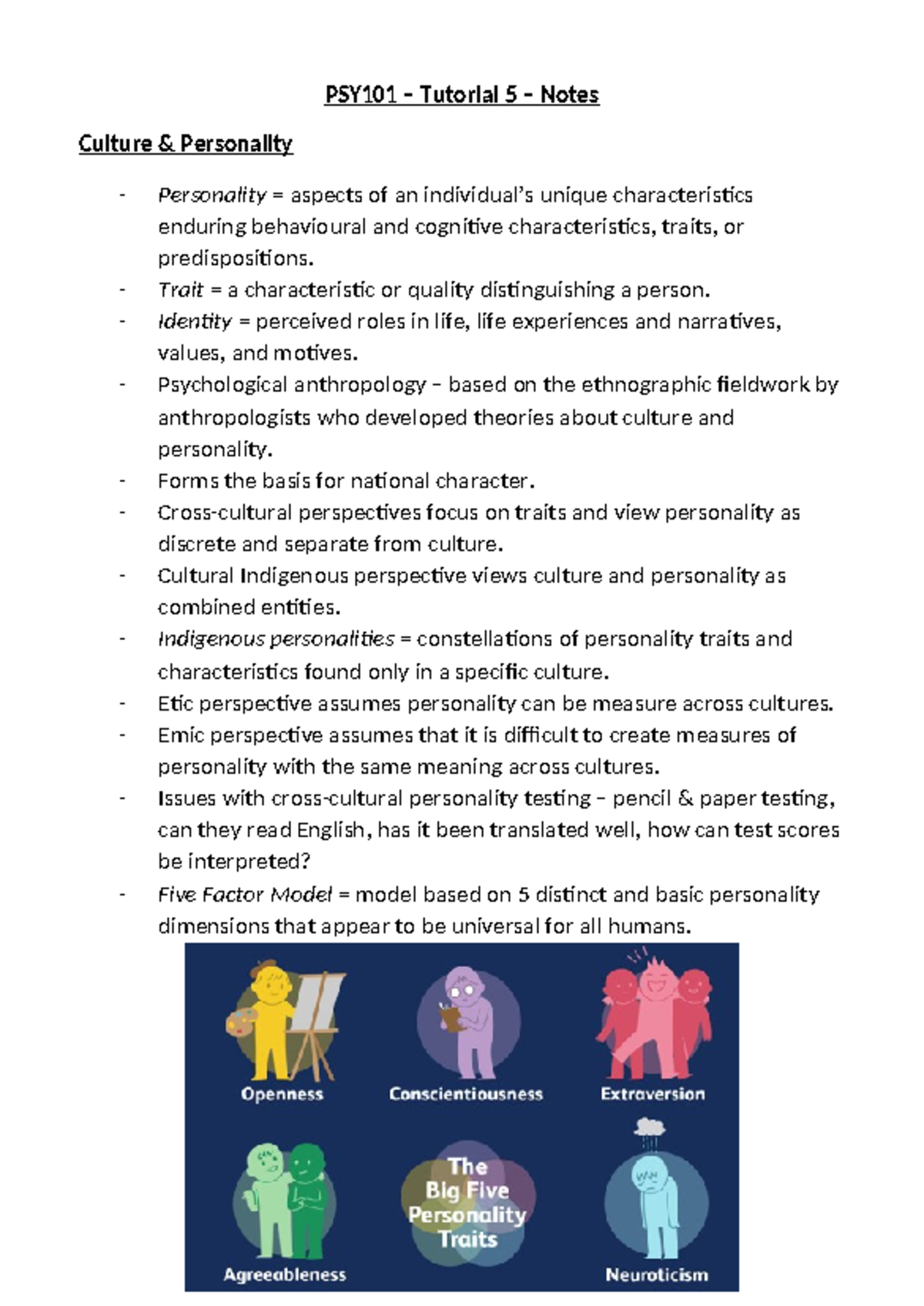 PSY101 - Tutorial 5 - Culture & Personality Notes - Studocu