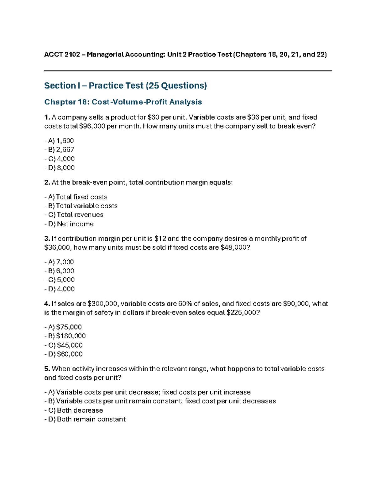 ACCT 2102 Managerial Accounting: Unit 2 Practice Test Overview - Studocu