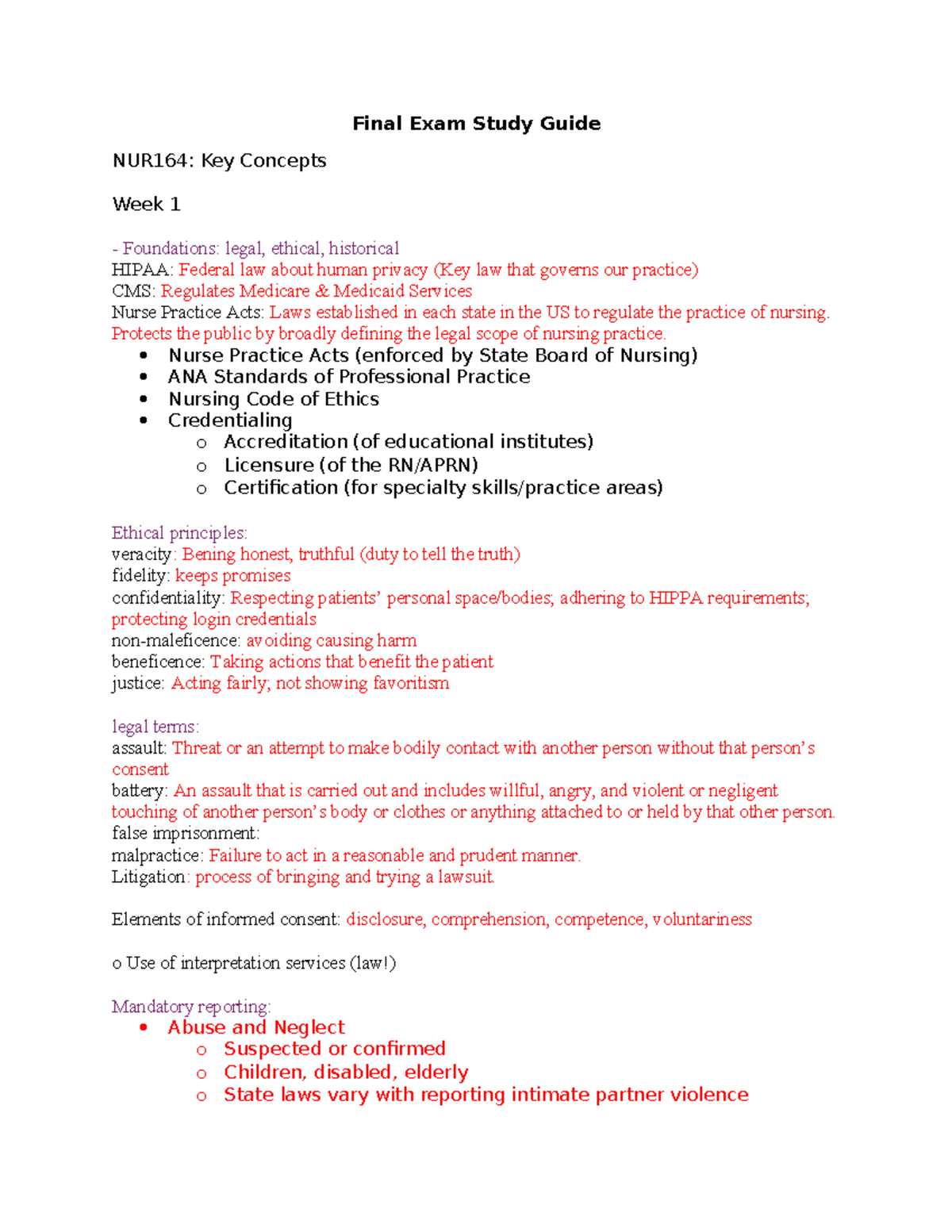 Final Exam Study Guide NUR164: Key Concepts and Legal Foundations - Studocu