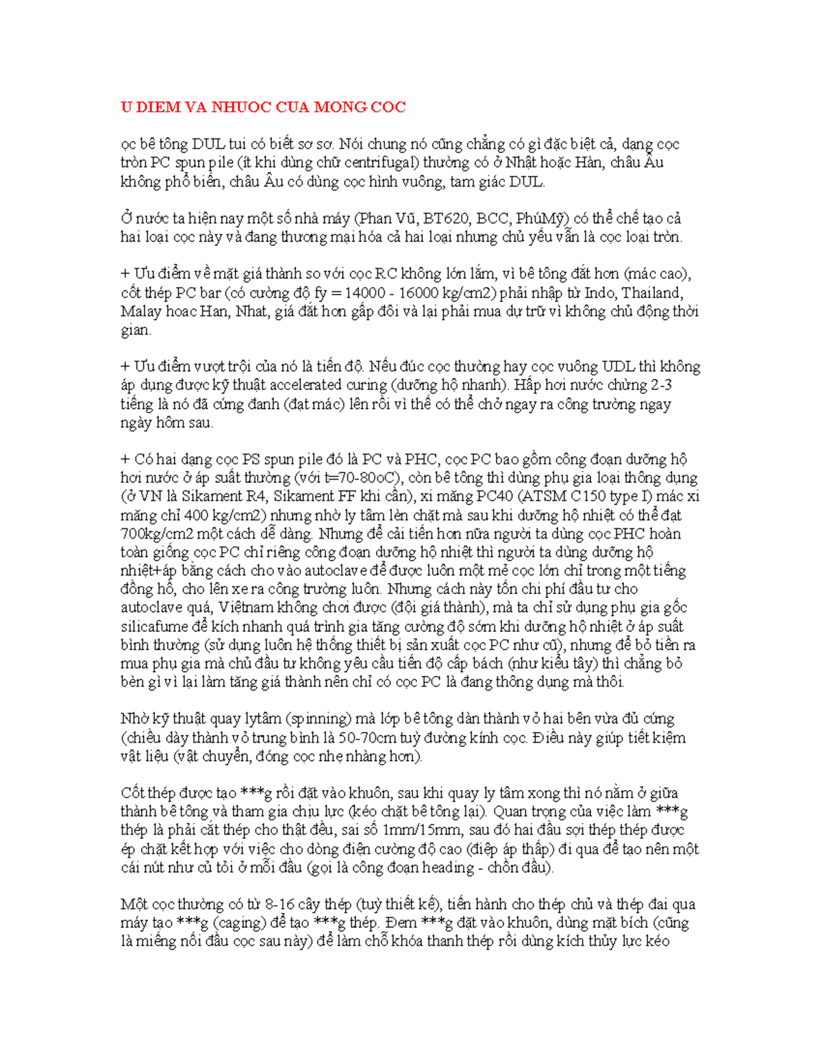 Ưu và Nhược Điểm của Cọc Bê Tông DUL trong Xây Dựng - Studocu
