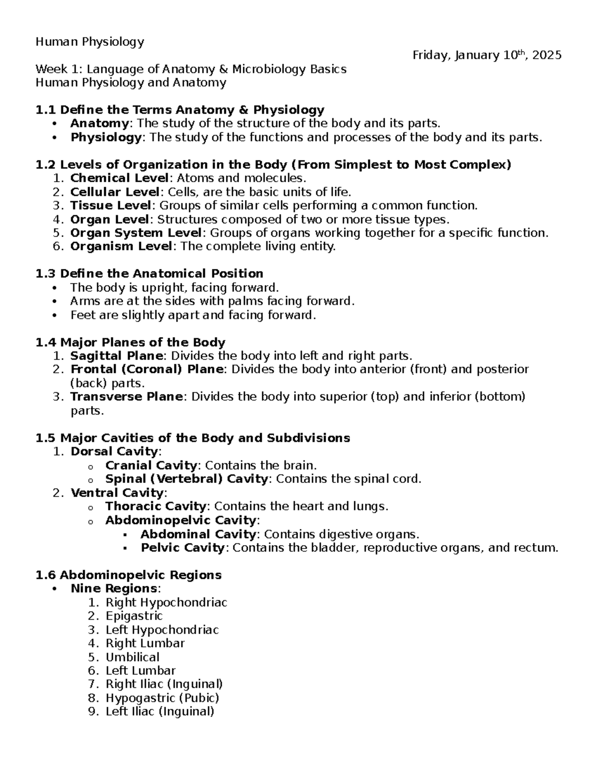 Week 1 - Human physiology: Anatomy and organization of the body - Studocu