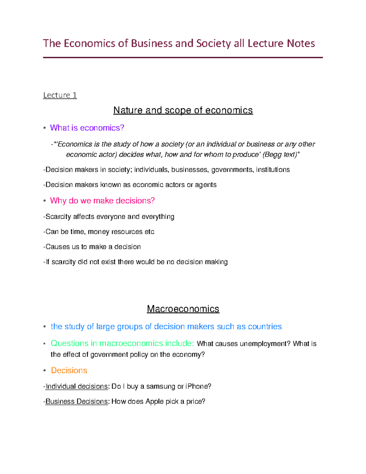 Economics 101: Comprehensive Lecture Notes on Key Concepts - Studocu