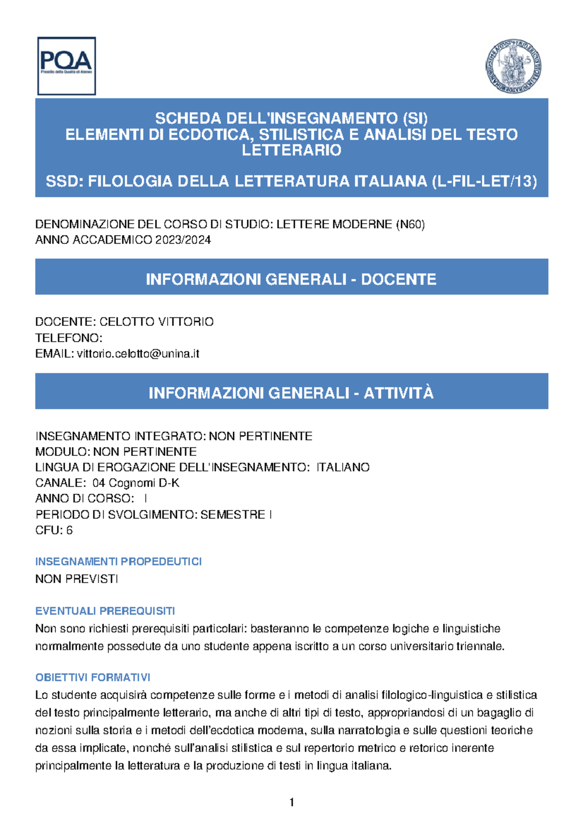 Scheda Insegnamento: Elementi di Ecdotica e Analisi Testo Letterario ...