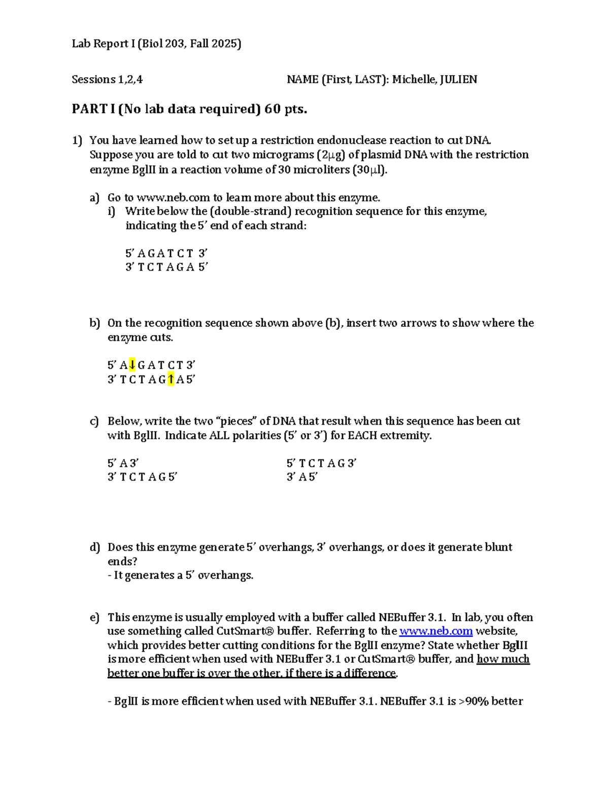 Lab Report I: Restriction Enzyme Analysis (Biol 203, Fall 2025) - Studocu