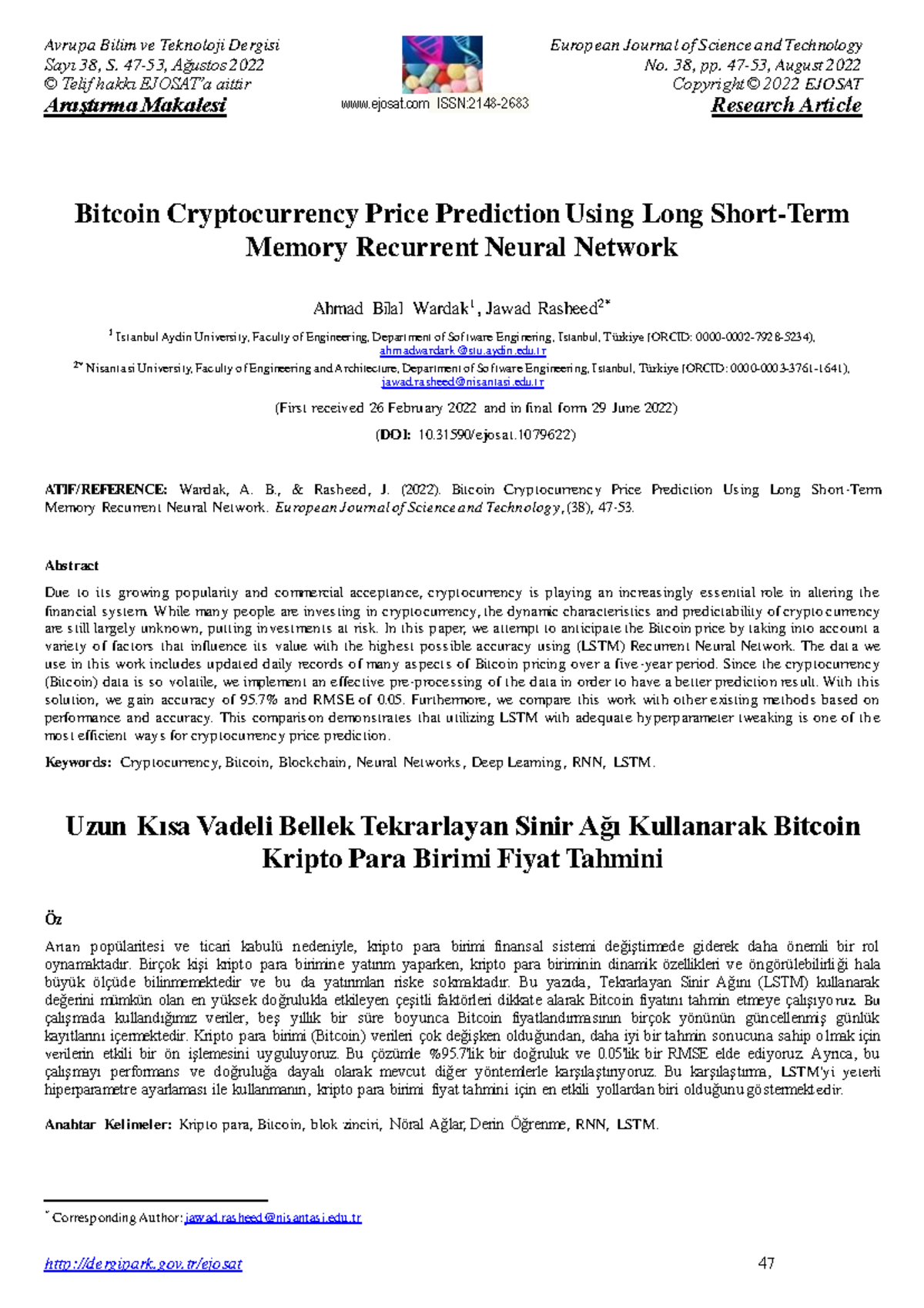 Bitcoin Price Prediction Using LSTM: Research Article (EJOSAT 38) - Studocu
