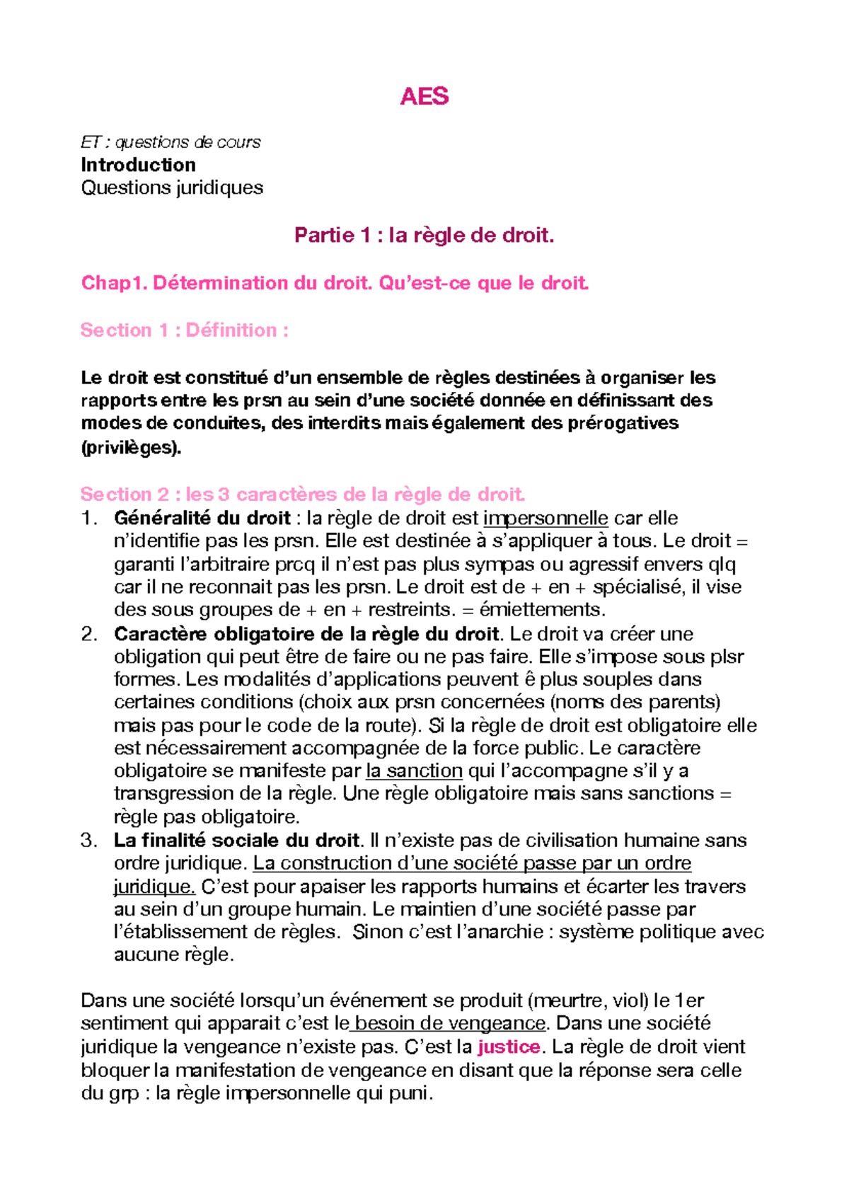 AES S1 - Introduction au Droit et Principes Juridiques - Studocu