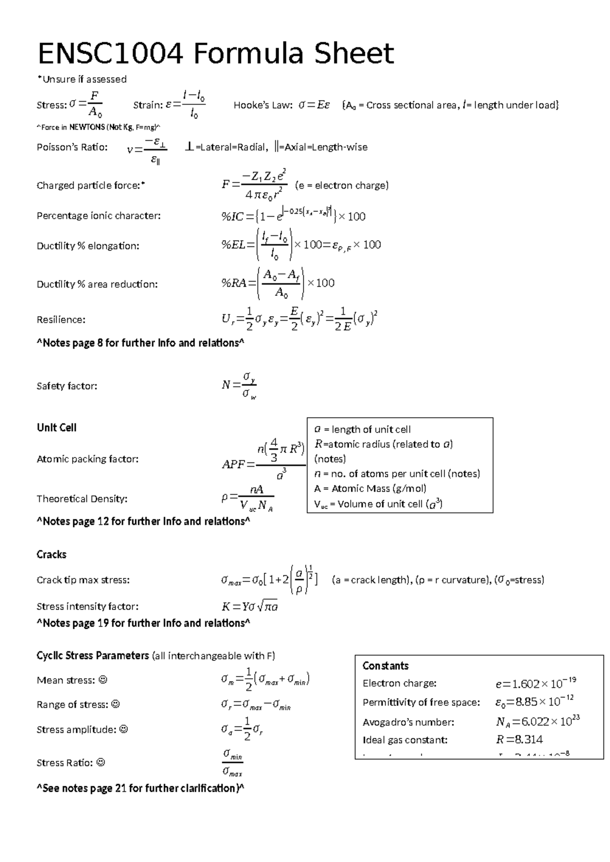 ENSC1004 Final Exam Formula Sheet on Stress, Strain, and Thermal ...