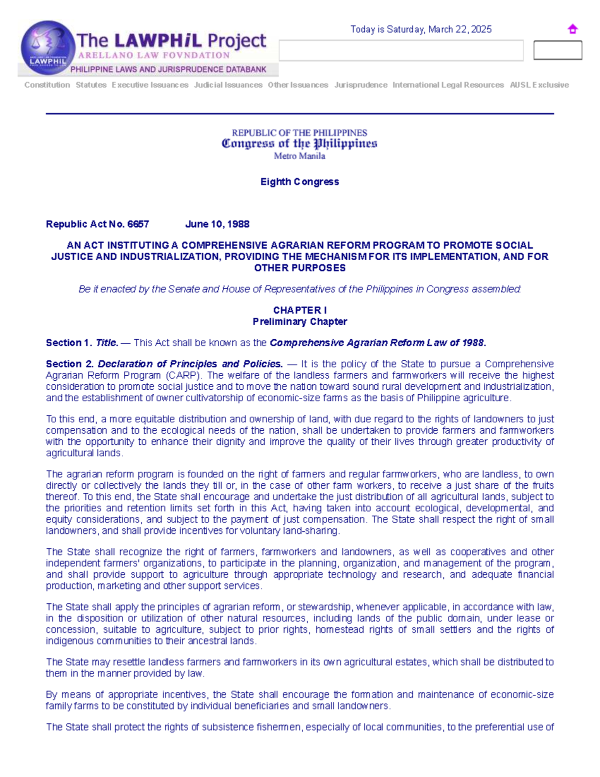 R.A. 6657: Comprehensive Agrarian Reform Law of 1988 Overview - Studocu