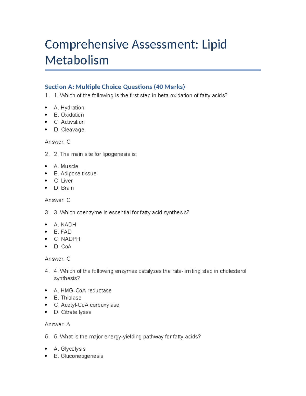 Lipid Metabolism Exam: Comprehensive MCQs & Key Concepts (BSc CM) - Studocu