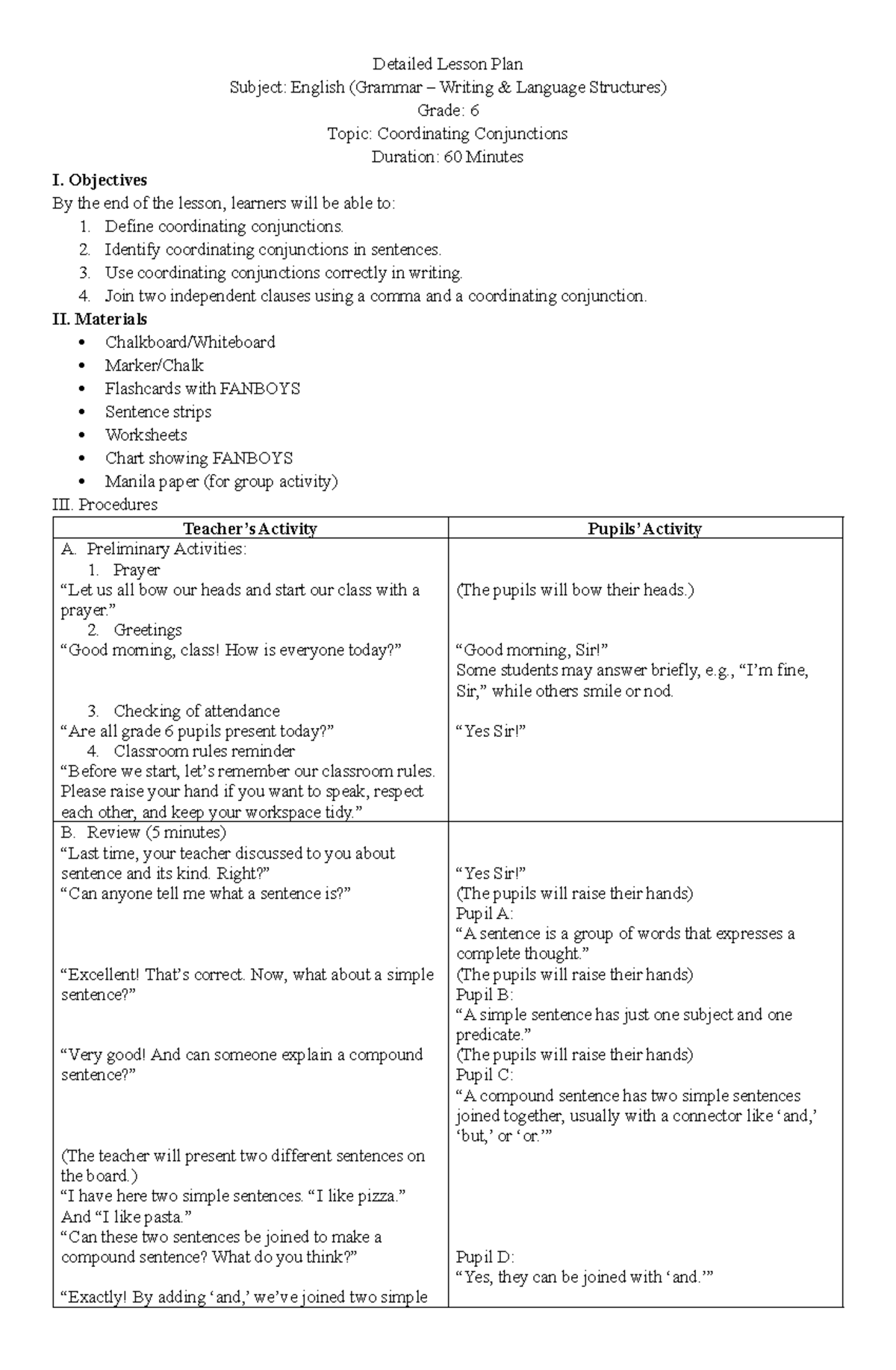 DLP English 6-1: Lesson Plan on Coordinating Conjunctions - Studocu