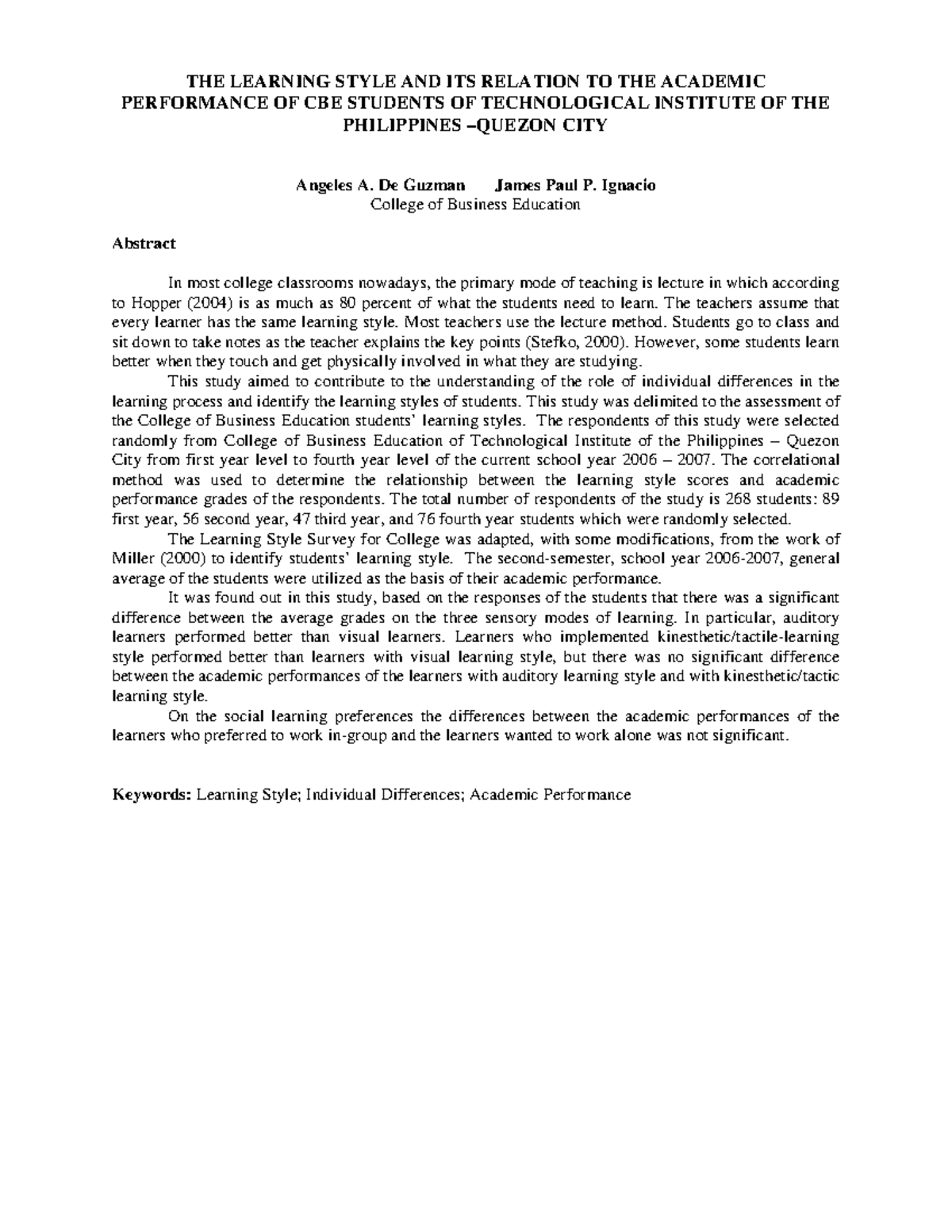 Learning Styles and Academic Performance of CBE Students (CBE 2006-2007 ...