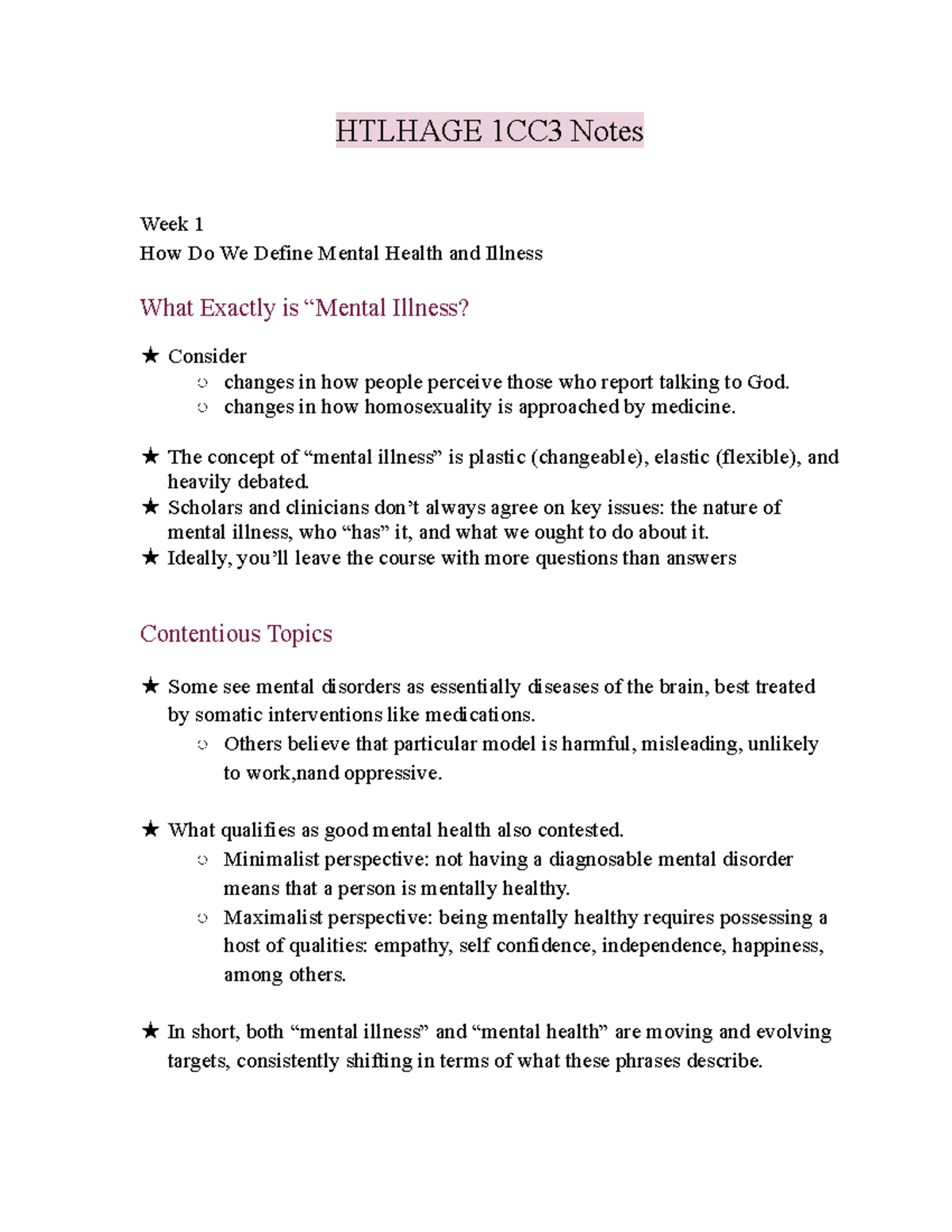 HTLHAGE 1CC3 Mental Health and Illness Lecture Notes - Studocu