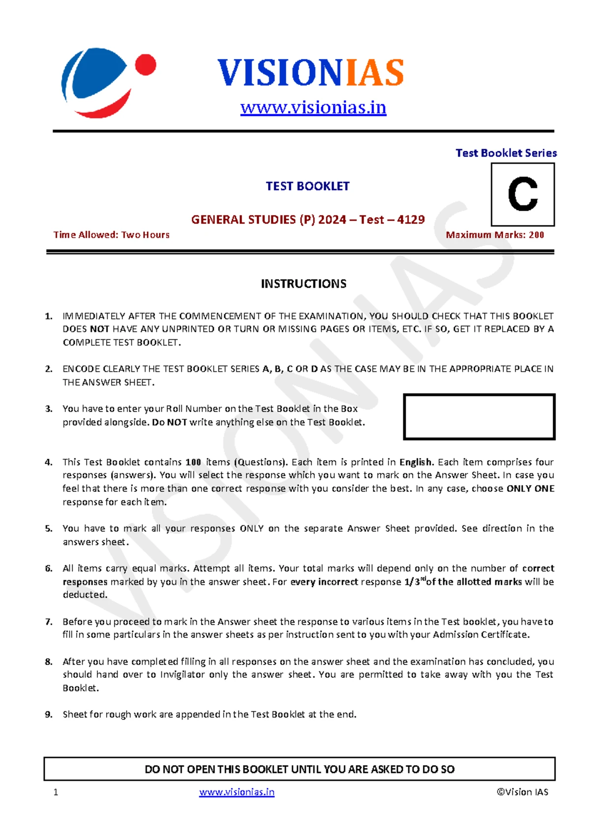 Vision Pre Test-03 (2024) General Studies Test Booklet Series C - Studocu
