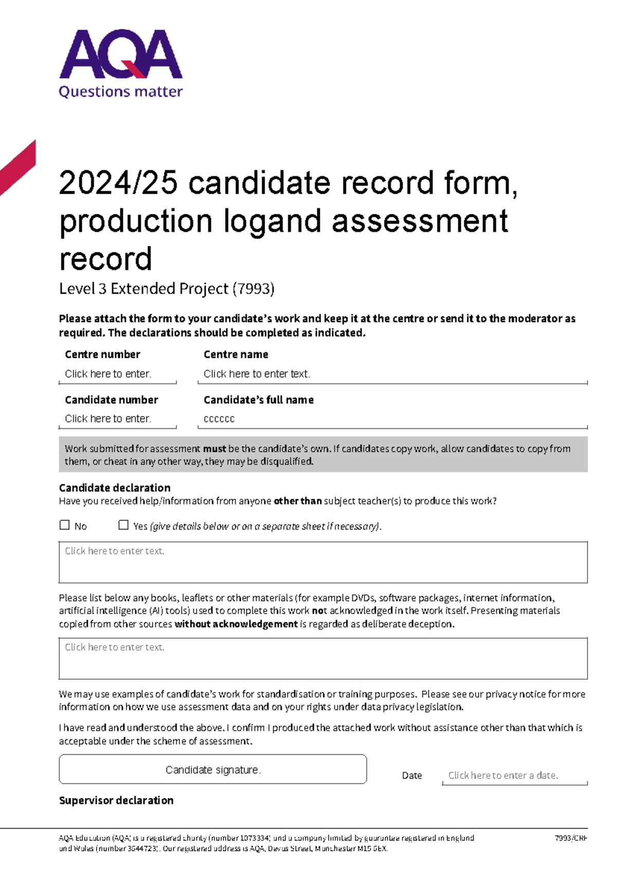 Candidate Record Form & Production Log for Level 3 Extended Project ...