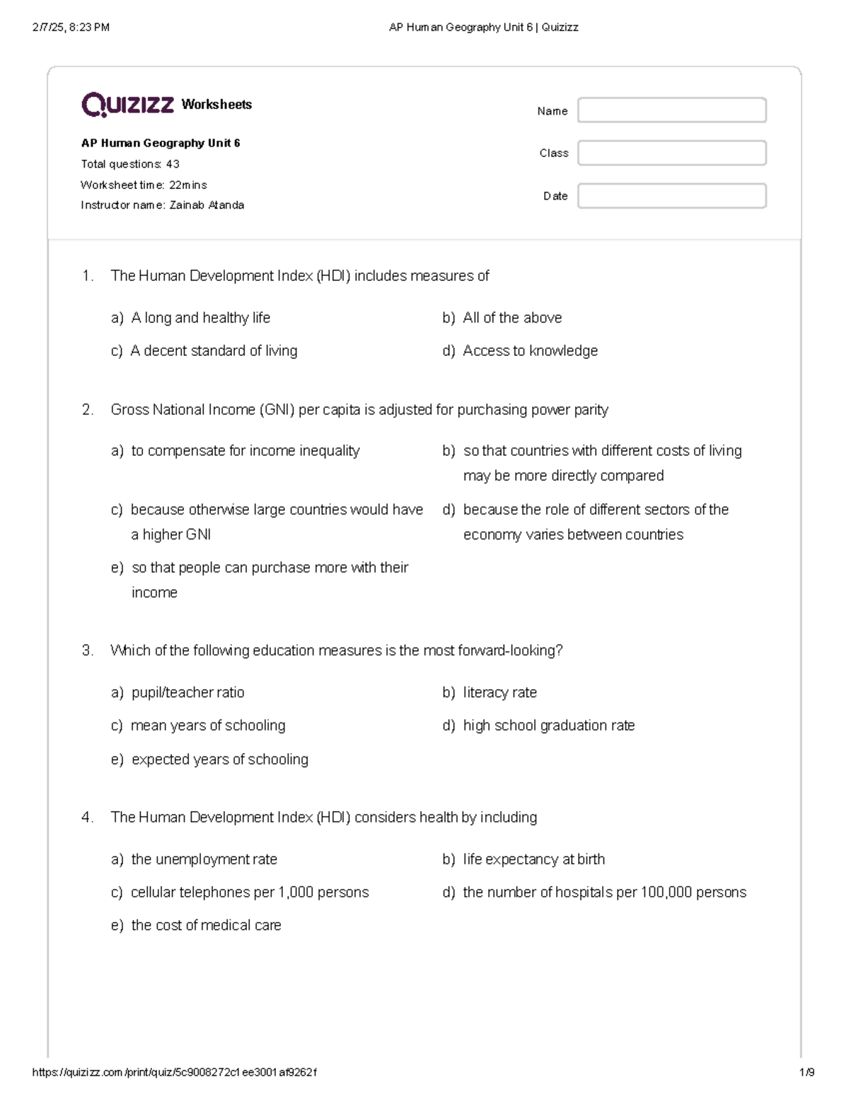 AP Human Geography Unit 6 Quizizz Worksheet Review and Key Concepts ...