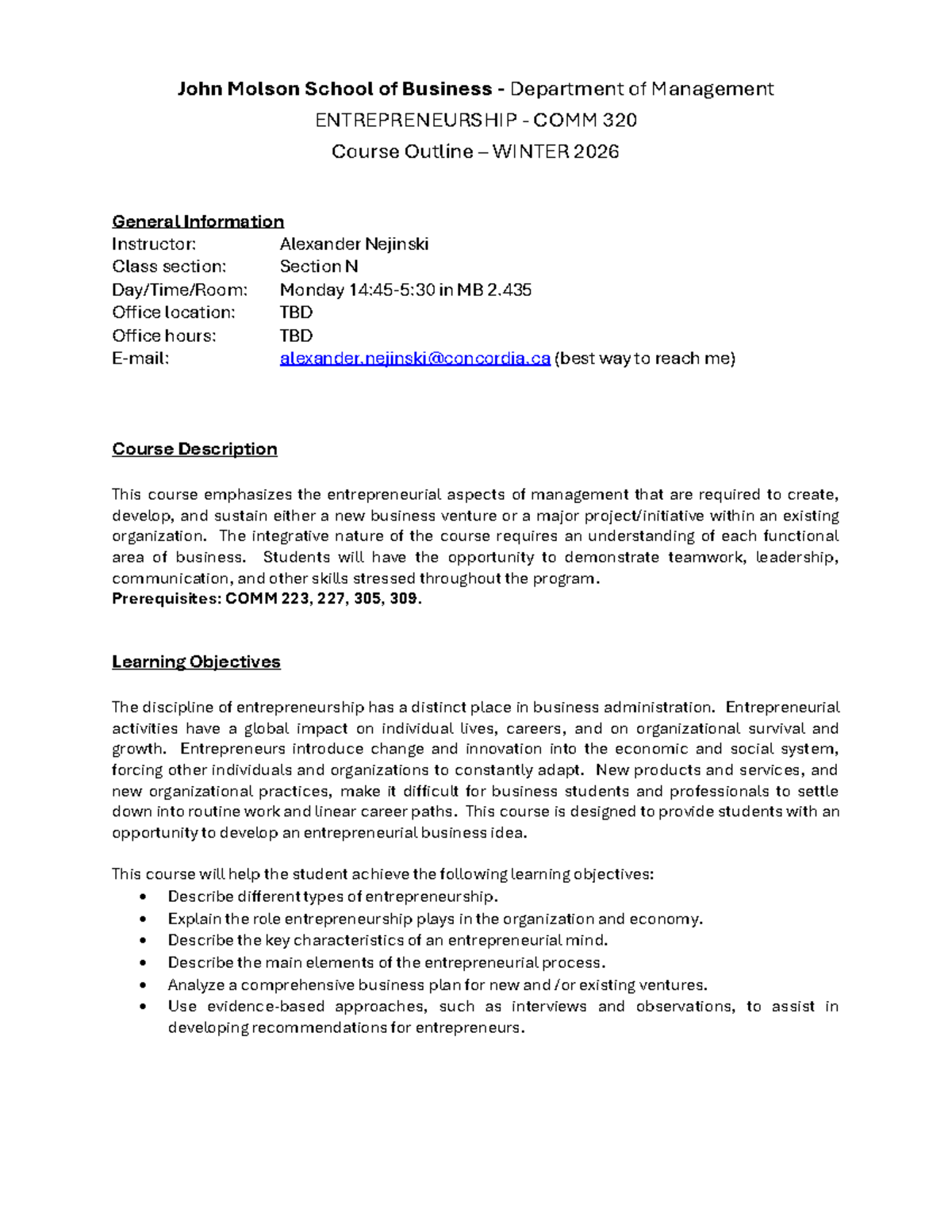 Course Outline: Entrepreneurship COMM 320 N - Winter 2026 - Studocu