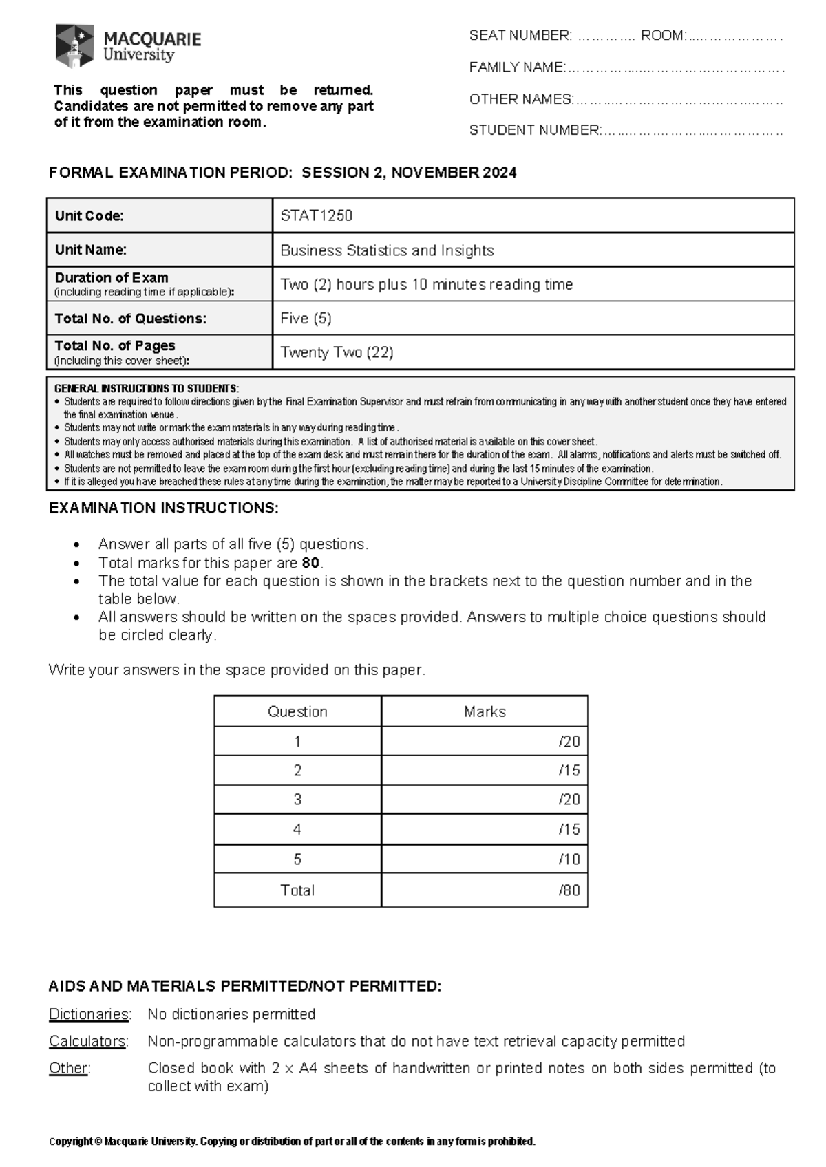 STAT1250 S2 2024 Final Exam: Business Statistics and Insights - Studocu