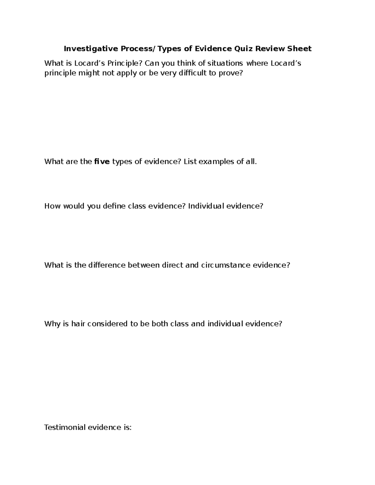 Investigative Process & Types of Evidence Quiz Review Sheet - Studocu