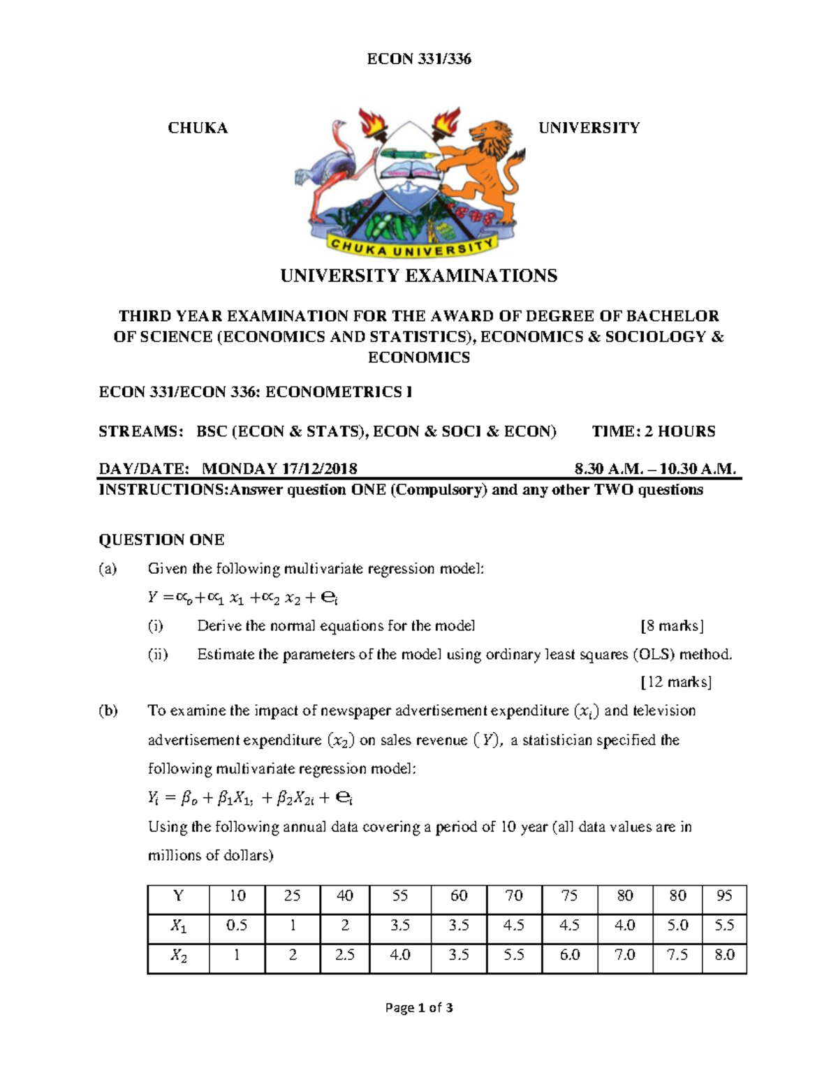 ECON 331: Final Exam Review on Econometrics I - Chuka University - Studocu