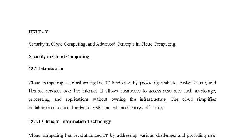 UNIT V - Security Challenges and Concepts in Cloud Computing - Studocu