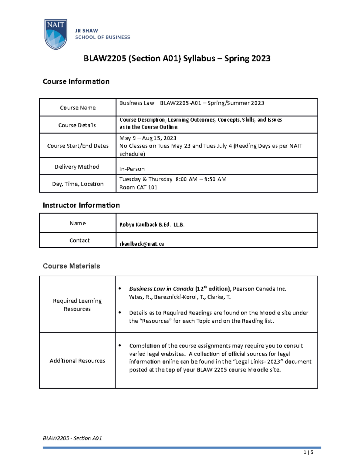 BLAW 2205-A01 - Syllabus Overview for Spring/Summer 2023 - Studocu