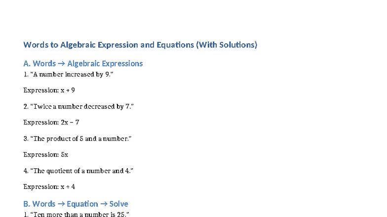 Words to Algebraic Expressions & Equations (Grade 6) - Studocu
