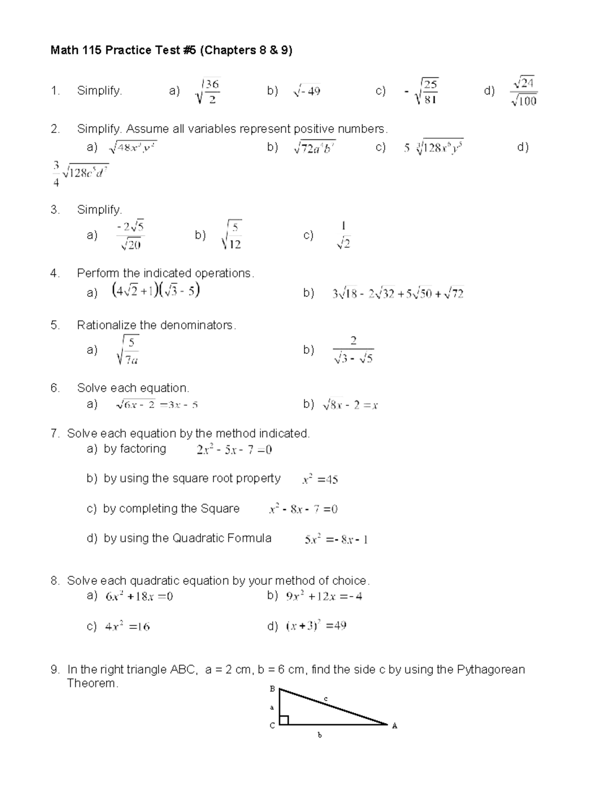 Math 115 Practice Test: Exercises on Chapters 8 & 9 - Studocu