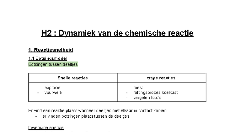H2 Dynamiek van Chemische Reacties: Theorie en Toepassingen - Studocu