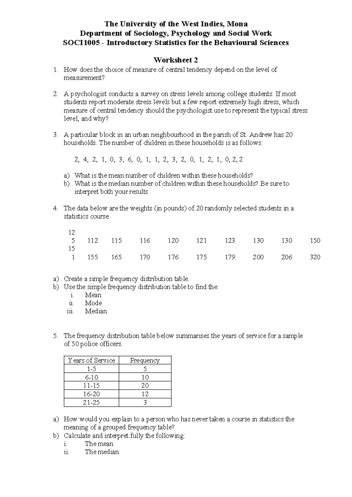 SOCI1005 Worksheet 2: Introductory Statistics for Behavioral Sciences ...