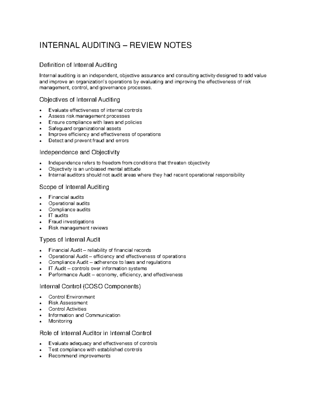 Internal Auditing Review Notes: Key Concepts and Objectives - Studocu