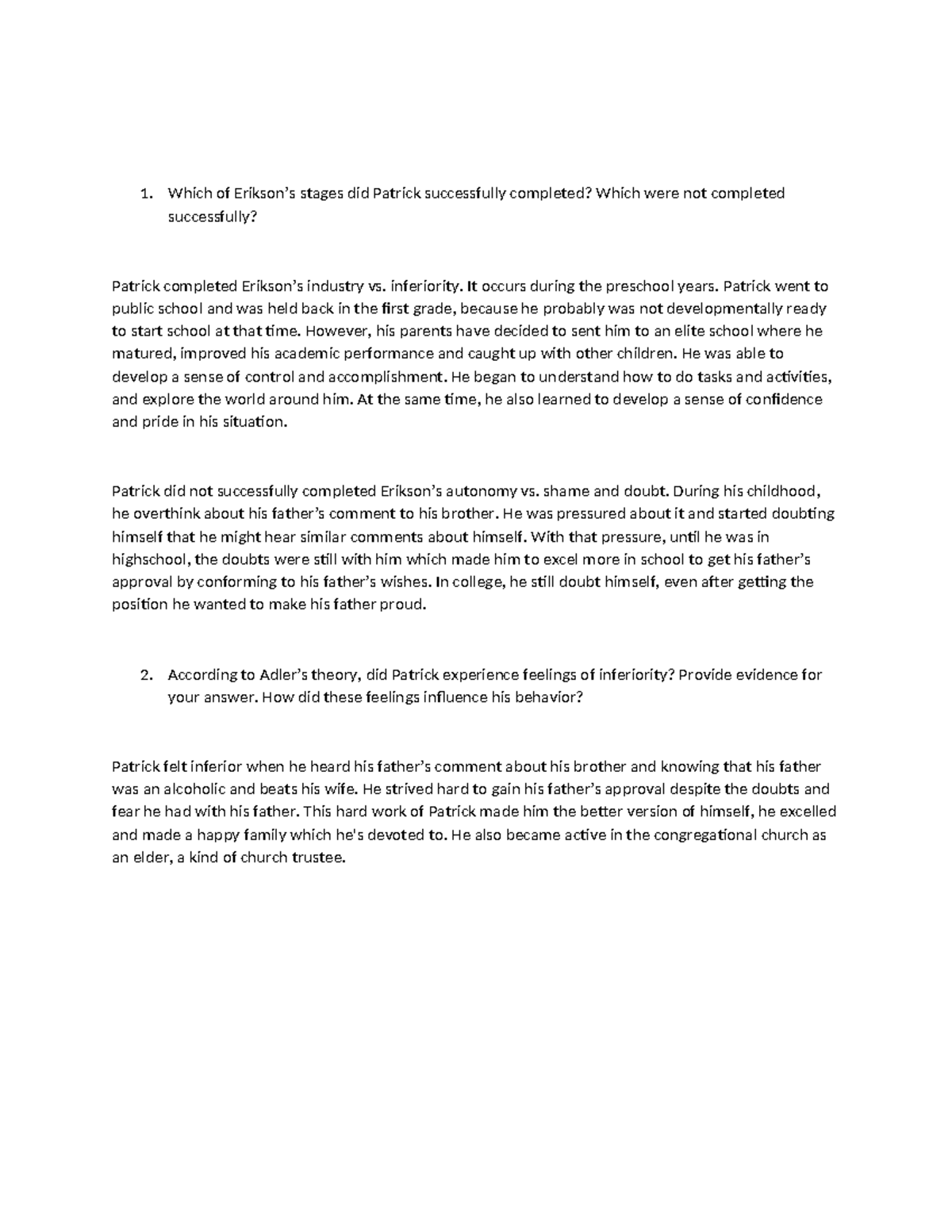 CASE Study Analysis of Patrick's Psychological Development - Studocu
